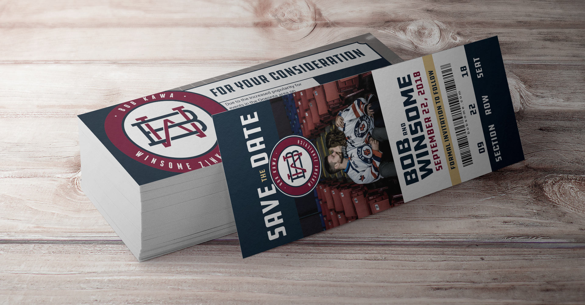 Image of save the date cards designed to look like a sports ticket
